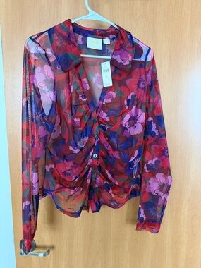Anthropologie Red Floral Sheer Blouse